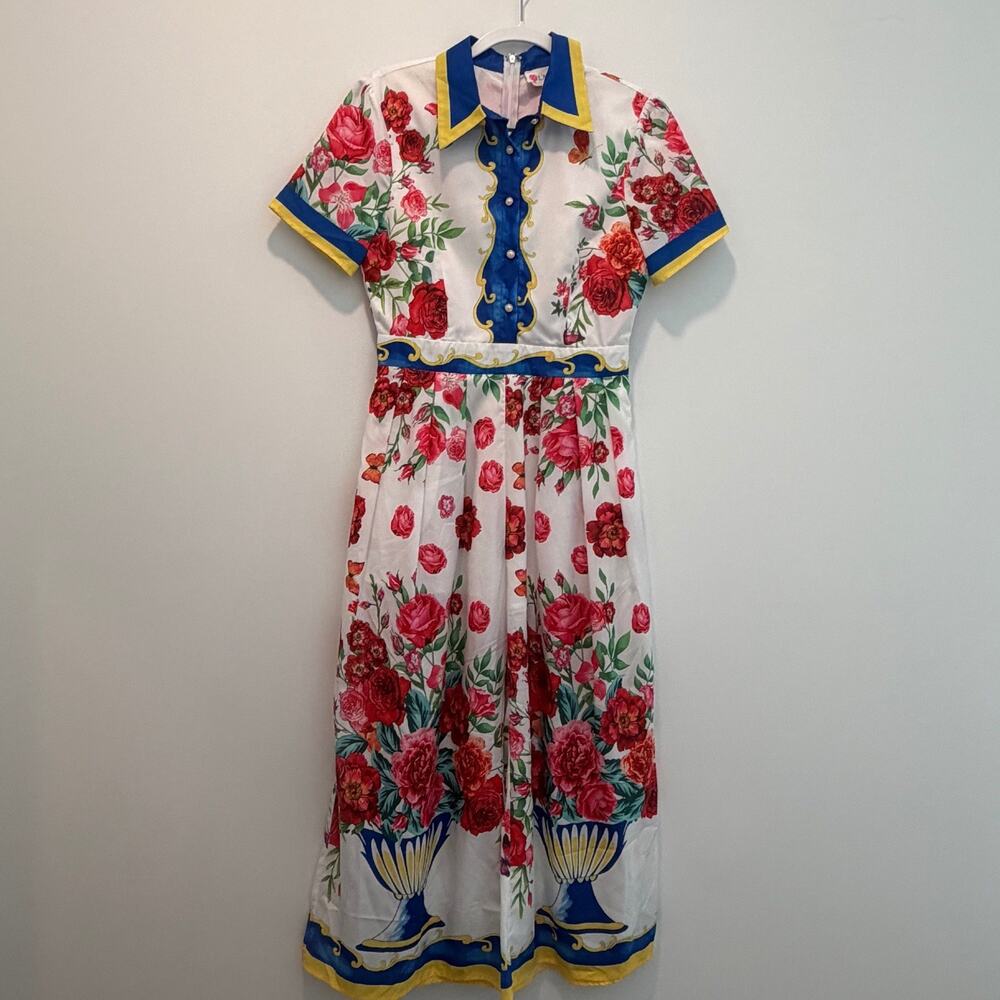 L'ATISTE BY AMY Women's Medium Floral Print Wide Leg Jumpsuit Collared Button